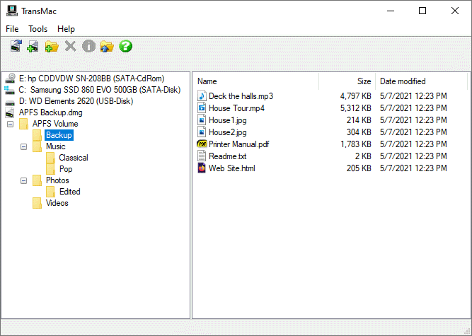 Open Macintosh format disks dmg files CD/DVD/Blu-ray media from a Windows PC. easy Screen Shot